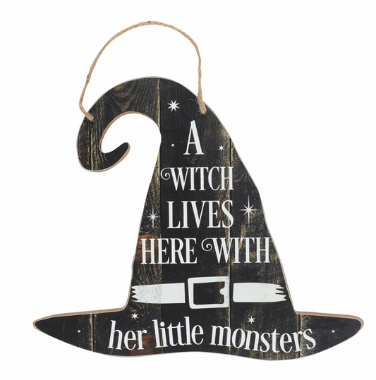 A Witch Lives Here Hanging MDF Sign