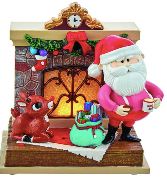 Rudolph the Red-Nosed Reindeer with Santa Light-Up Fireplace 7-Inch Table Piece
