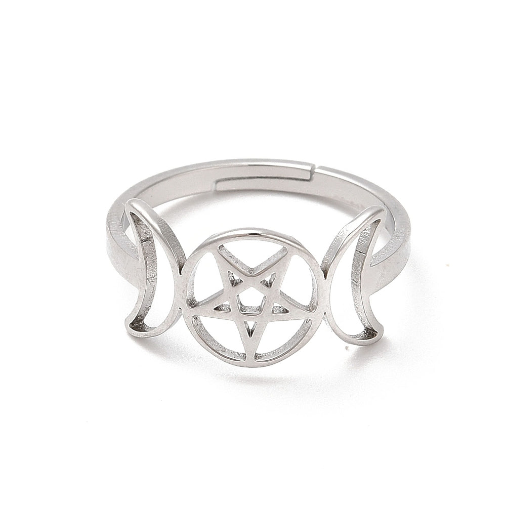 Triple Moon Goddess Adjustable Ring Gothic Jewellery. Front View