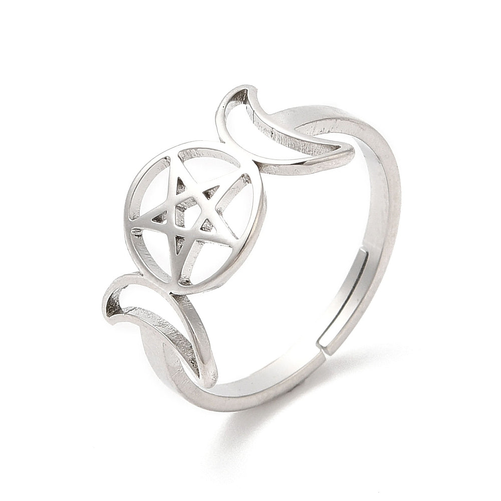 Triple Moon Goddess Adjustable Ring Gothic Jewellery Tilted View